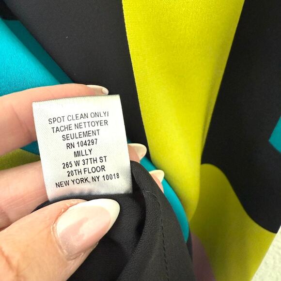 MILLY Silk Shift Dress Geo Print Leather Trim 3/4 Sleeve Multicolor Sz 2 - Picture 6 of 8